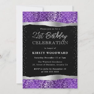 Invitation Damask Violet et Noir Pailleté Anniversaire 21 ans