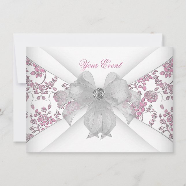 Invitation Damask White Rose Floral Jewel Bow Party (Devant)