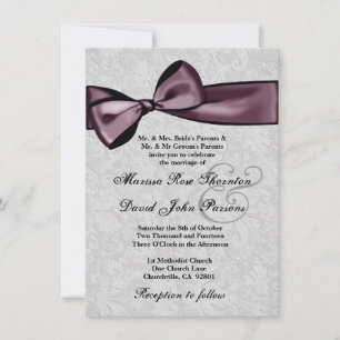 Invitation Damassé argentée et mariage pourpre d'arc de prune