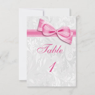 Invitation Damassé blanc et nœud rose en fausse fourrure