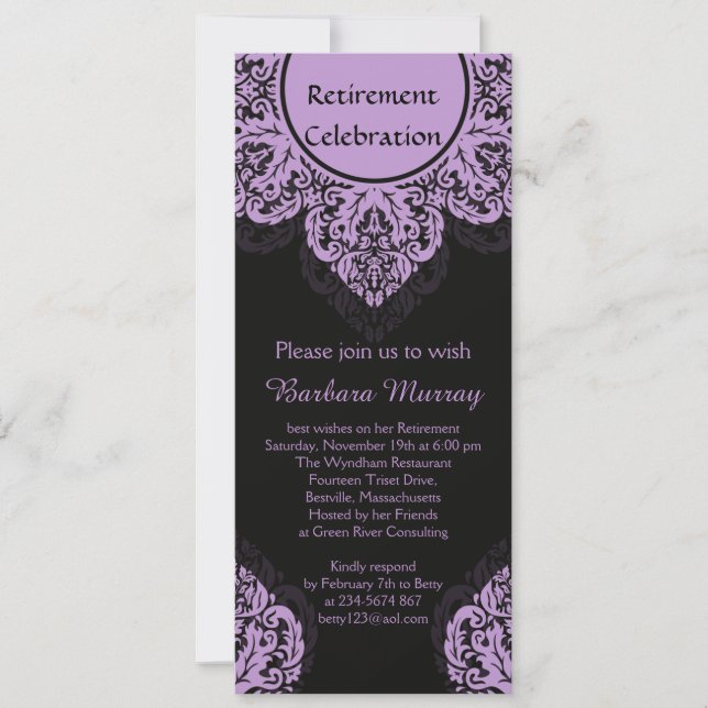 Invitation Damassé lilas sur l'invitation noir de partie de (Devant)