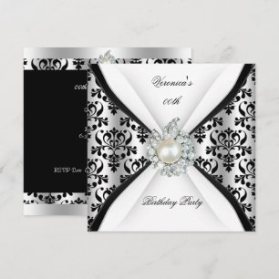 Invitation Damassé Noir Blanc Perle Diamant Fête d'anniversai