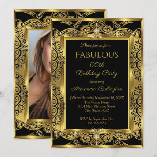 Invitation Damassé noir élégant photo fête d'anniversaire or