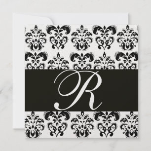 Invitation DAMASSÉ NOIR ET BLANC MONOGRAMME Ice métallisé