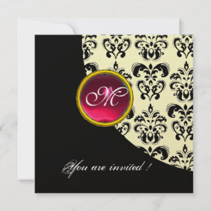 Invitation DAMASSÉ NOIR ET BLANC MONOGRAMME,rouge rubis,or