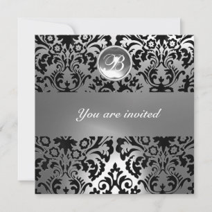 INVITATION DAMASSÉ PIERRE GEMME NOIR ET BLANC MONOGRAMME
