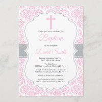 Damassé rose et grise d'invitation de baptême de