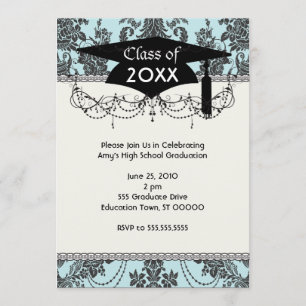 Invitation damassé rose graduation bleu clair et noir