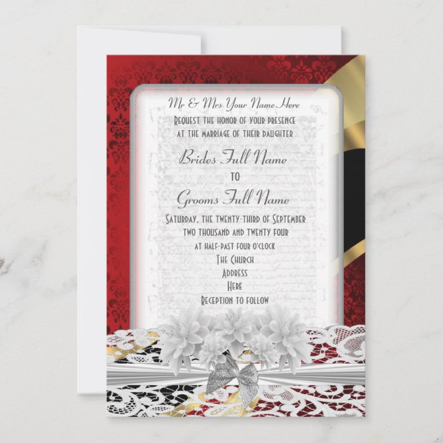 Invitation Damassé rouge chic et mariage blanc de dentelle (Devant)