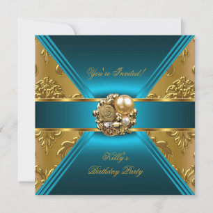 Invitation damassée bleu sarcelle or pour fête d'a