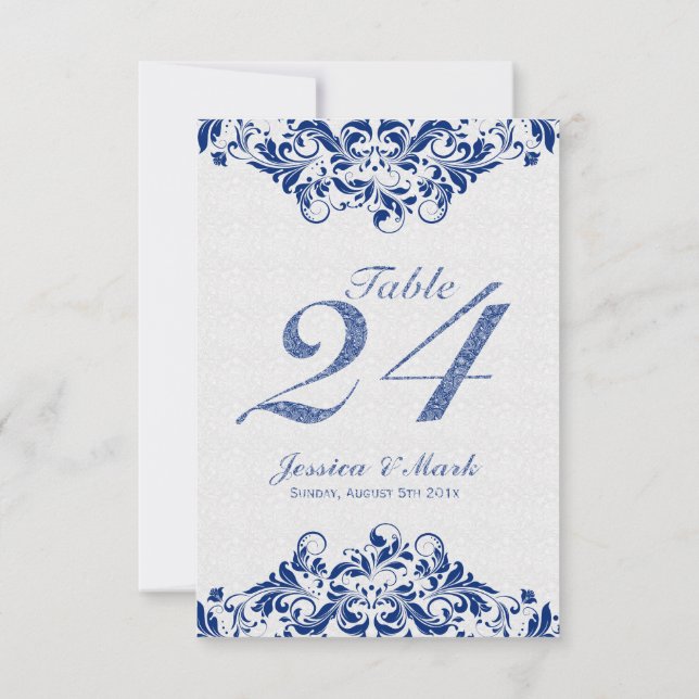 Invitation Damassés blancs élégants et dentelle florale bleu  (Dos)