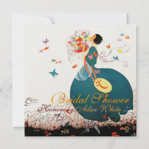 INVITATION DAME AU BOUQUET DE FLEURS ET MONOGRAMME DE PAPILLO