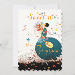 INVITATION DAME AU BOUQUET DE FLEURS ET PAPILLONS SWEET 16