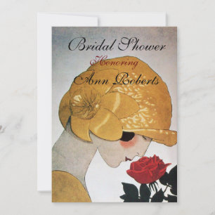 INVITATION DAME AU MONOGRAMME DE ROSE ROUGE POUR FÊTE DE MARI