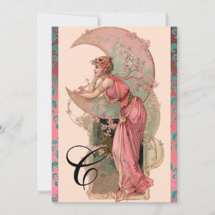 INVITATION DAME DE LUNE, FLEURS, ROSES, DAMAS PINK BLEU MONOG