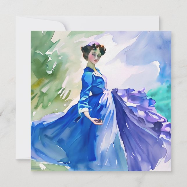 Invitation Dame en Robe Bleue - Peinture aquarelle (Devant)