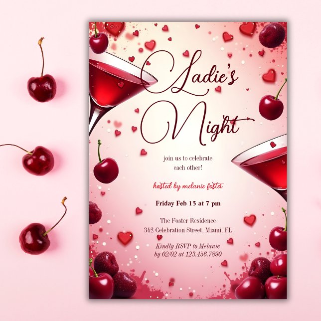 Invitation Dames Night Cherry & Cocktail Galentine's (Ladies Night Cherry & Cocktail Galentine's Invitation)