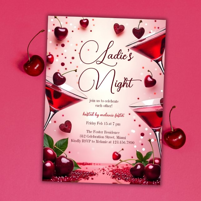 Invitation Dames Night Cherry Galentine's Cocktail Party (Elegant Ladies’ Night Galentine’s Day Party Invitation – Cherry & Cocktail Theme)