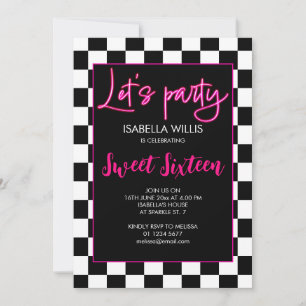 Invitation Damier noir blanc Fête photo douce 16