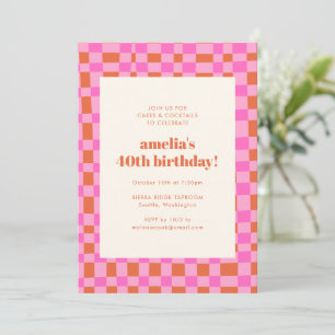 Invitation Damier Rétro Rose Orange Anniversaire 40 Ans Gras