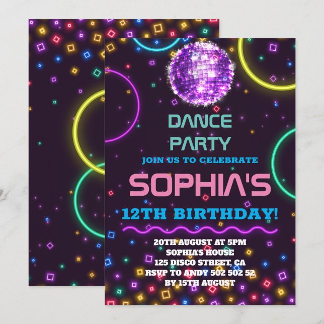 Invitation Dance Party Anniversaire Rainbow Disco Disco Ball (Devant / Derrière)