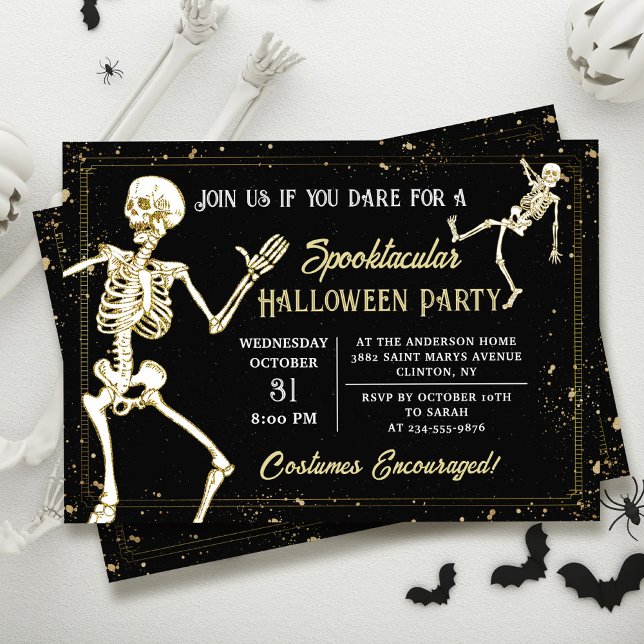 Invitation Dancing Skeleton Black Gold Halloween Party (Créateur téléchargé)