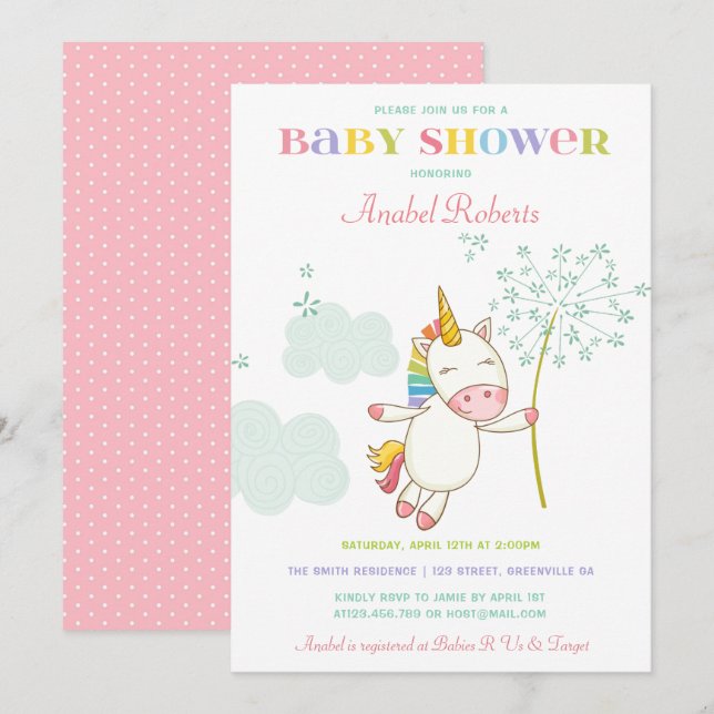 Invitation Dandelion d'invitation de Baby shower de licorne d (Devant / Derrière)