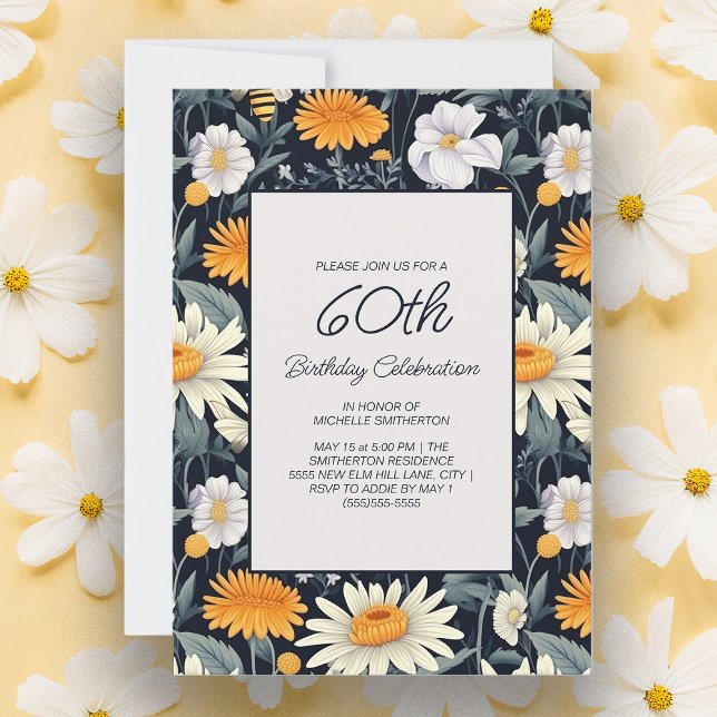 Invitation Dandelions Daisies Marine Bleu Adulte 60e Annivers (Pretty yellow dandelions and white daisies on navy blue 60th birthday party invitation)