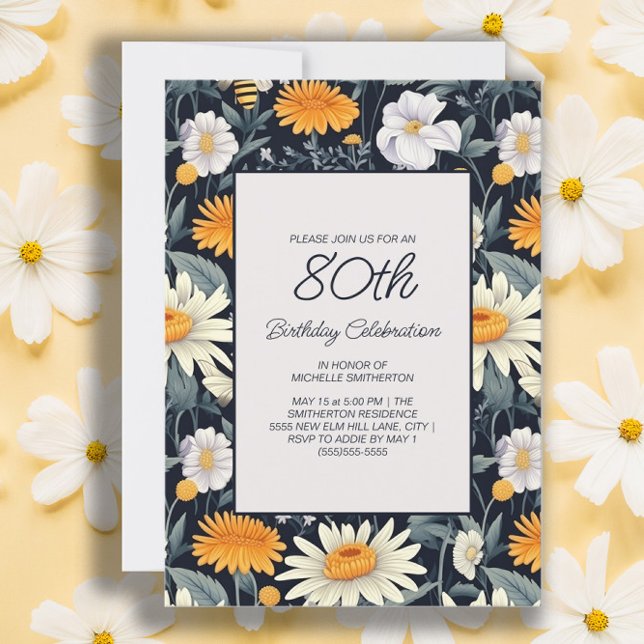 Invitation Dandelions Daisies Marine Bleu Adulte 80e annivers (Dandelions and daisies 80th birthday party invitation for women)