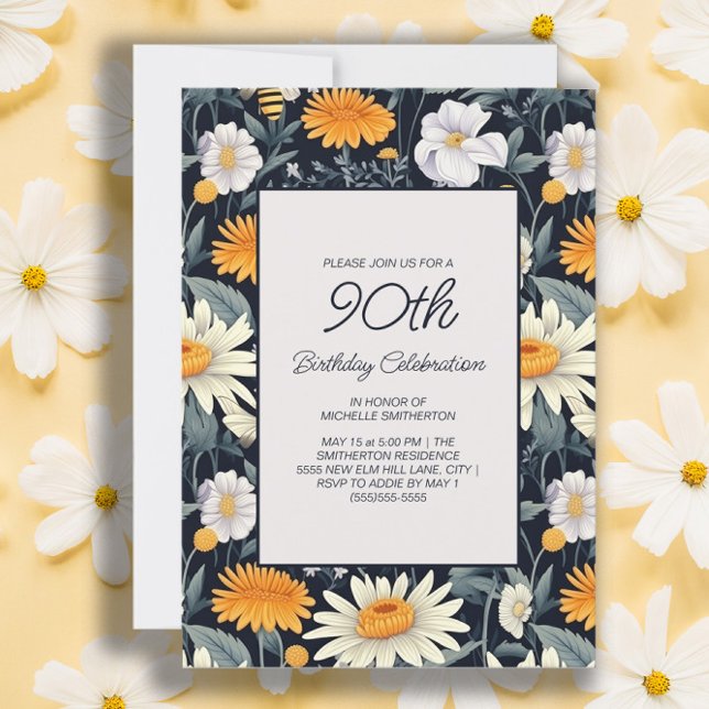 Invitation Dandelions Daisies Marine Bleu Adulte 90e Annivers (Dandelions and daisies women's 90th birthday party invitation)