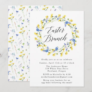 Invitation Dandelions jaunes et Brunch de Pâques bleu Floral