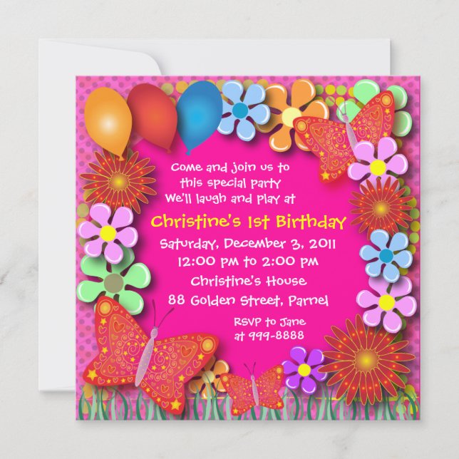 Invitation d'anniversaire : 003 Papillons et fleur (Devant)