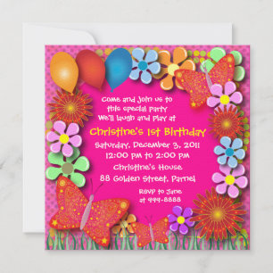 Invitation d'anniversaire : 003C Papillons et fleu