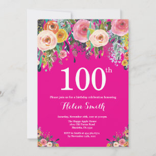 Invitation d'anniversaire 100 ans à fleurs rose ch