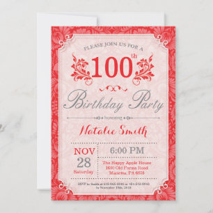 Invitation d'anniversaire 100 ans Floral Rouge pou