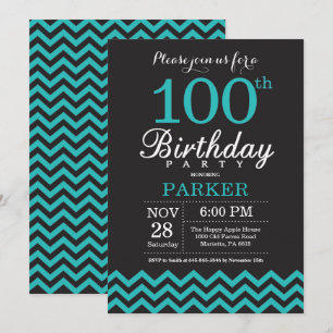 Invitation d'anniversaire 100 ans noir et sarcelle