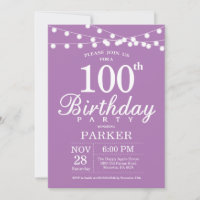 Invitation d'anniversaire 100 ans Violet Lavande L