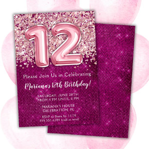 Invitation d'anniversaire 12 ans Fille Magenta Ros