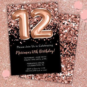 Invitation d'anniversaire 12 ans Noir Rose Or Pail