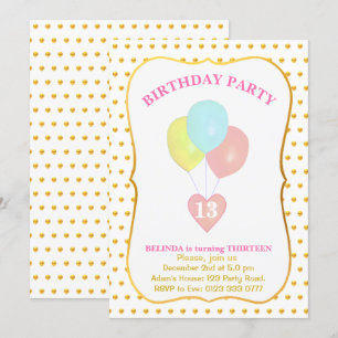 Invitation d'anniversaire 13 ans Cœur et Ballons
