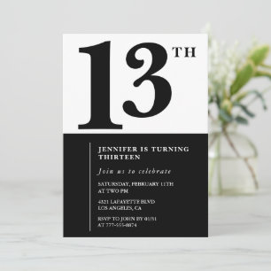 Invitation d'anniversaire 13 ans fille Noir Blanc 