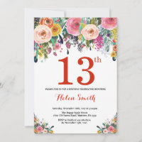 Invitation d'anniversaire 13 ans Floral Rouge