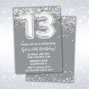 Invitation d'anniversaire 13 ans gris et argent