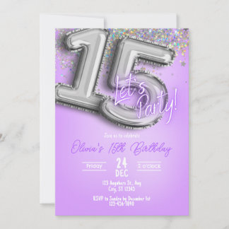 Invitation d'anniversaire 15 ans Paillettes Violet