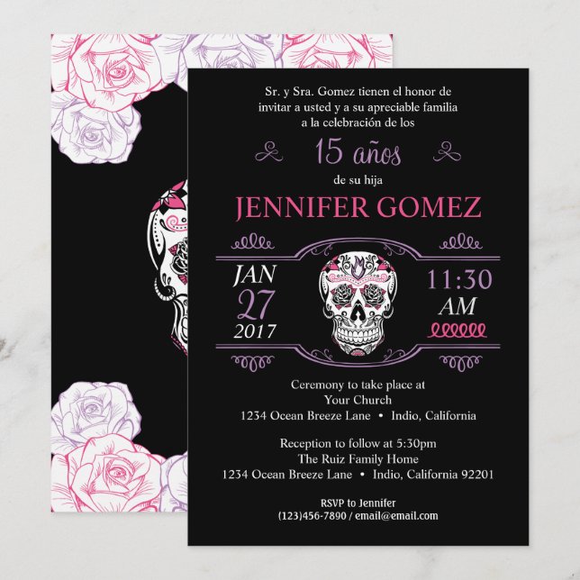 Invitation d'anniversaire 15 Ans Quinceañera Crâne (Devant / Derrière)