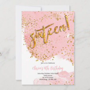 Invitation d'anniversaire 16 ans aquarelle rose et