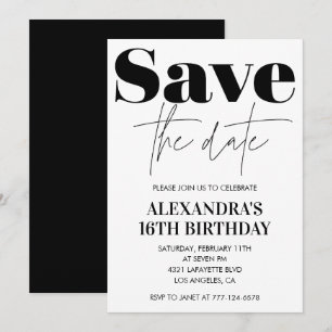 Invitation d'anniversaire 16 ans Noir Blanc Save t