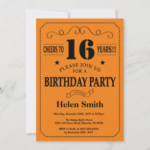 Invitation d'anniversaire 16 ans Noir et Orange