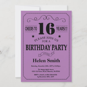 Invitation d'anniversaire 16 ans Noir et Violet