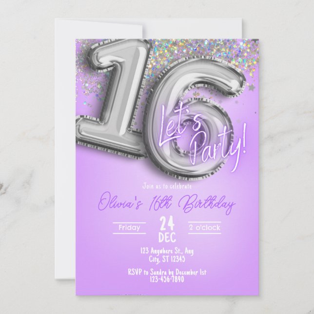 Invitation d'anniversaire 16 ans Paillettes Violet (Devant)